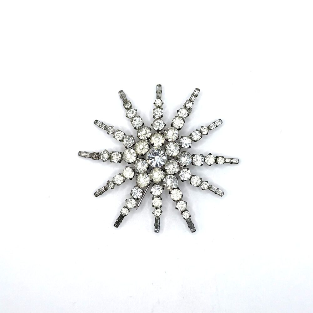 Vintage Sterling Silver Rhinestone Snowflake Brooch | Mid-Century Atomic Starbur